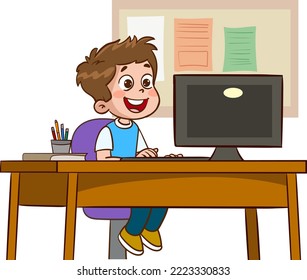 happy cute children studying on computer at table