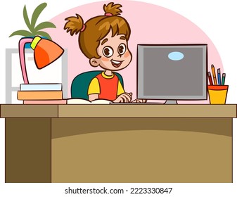 happy cute children studying on computer at table