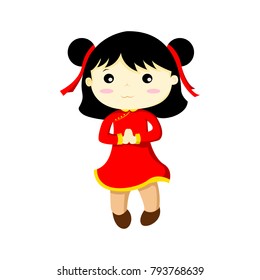 Happy Cute Chinese Girl Vector Illustration Graphic