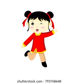 Happy Cute Chinese Girl Wink Vector Illustration Graphic