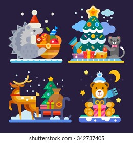 Happy and cute christmas animals: Hedgehog with fruit basket, British kitten near the xmas tree, Santa's deer with sledge, cute teddy bear in scarf and hat. Flat vector stock  illustration .