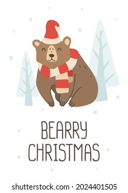 Happy cute christmas bear in hat and scarf. Print for poster, apparel, fabric, paper, card, postcard, notes.