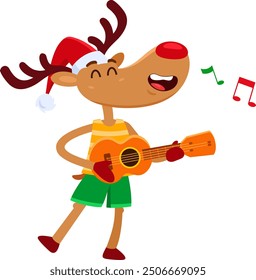 Happy Cute Christmas Reindeer Cartoon Character Singing And Playing Guitar On The Beach. Vector Illustration Flat Design Isolated On Transparent Background