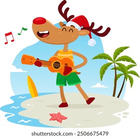 Happy Cute Weihnachten Rentier Cartoon Charakter singen und Gitarre spielen am Strand. Vektorgrafik, flaches Design einzeln auf transparentem Hintergrund