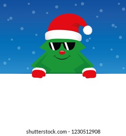 happy cute christmas tree with sunglasses on blue snowy background vector illustration EPS10
