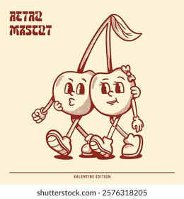 Happy cute couple cherry retro mascot