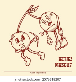 Happy cute couple cherry retro mascot