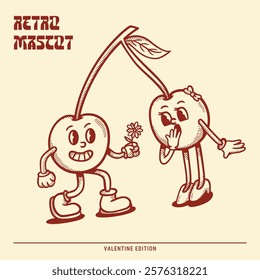 Happy cute couple cherry retro mascot