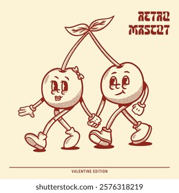 Happy cute couple dating cherry retro mascot