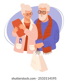 Happy cute couple of elderly grey-haired people shoppers with gift shopping bags choosing gift on seasonal sale. Vector illustration. Black Friday buyer. Concept purchase and holiday gift shopping