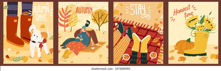  Happy cute couple on autumn background with leaves and trees, gumboots and pumpkin, cute dog in leaves, couple on plaid with mulled wine. Illustration is for your card, poster, flyer.