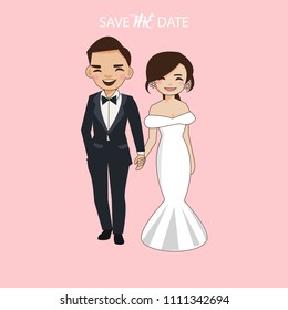 happy cute couple on wedding invitations card, vector isolated with pink background, wedding card concept.