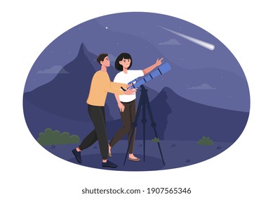 Happy cute couple are stargazing on a romantic night date. Male and female characters are watching stars in telescope. Boyfriend and girlfriend. Midnight park. Flat cartoon vector illustration