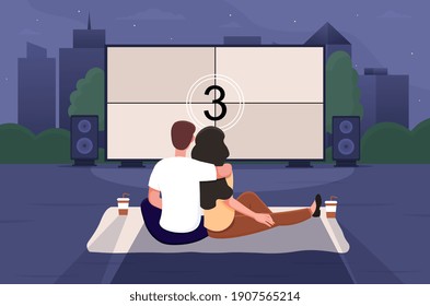 Happy cute couple is watching a movie in an open air cinema. Male and female characters watching a film on the street on a romantic night date. Flat cartoon vector illustration