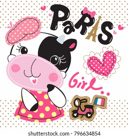Happy cute cow girl tourist in paris on polka dot background illustration vector.