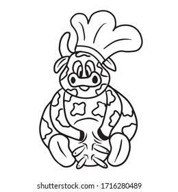 Happy cute cow with stains sitting in the cook chef hat. Simple vector illustration in cartoon doodle style. Concept of cookery, gastronomy, cafe logo, dairy milk products, symbol of new 2021 year