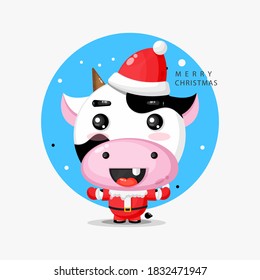 Happy cute cow wearing a Santa Claus uniform