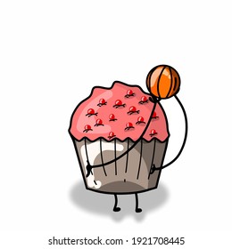 Happy cute cupcake character playing basket ball vector template design illustrator