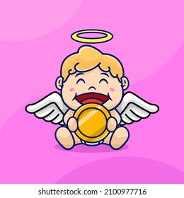 Happy Cute Cupid Holding a Coin Cartoon