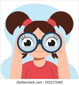 Happy cute curious liitle kid girl is looking through binoculars. Big eyes in binoculars. Vector flat cartoon illustration