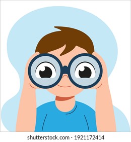 Happy cute curious liitle kid boy is looking through binoculars. Big eyes in binoculars. Vector flat cartoon illustration