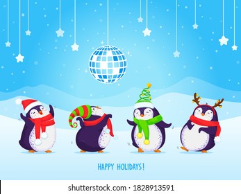 Felices personajes adorables del pingüino bailando en diferentes poses y sombreros de santa. Balón disco, copos de nieve, estrellas y fondo montañoso. Feliz saludo de Navidad. Ilustración dibujada a mano por vectores.