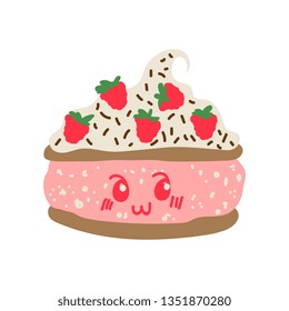 Happy Cute Delicious Cake Cartoon Character, Adorable Kawaii Dessert with Strawberries Vector Illustration