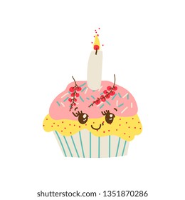 Happy Cute Delicious Cupcake Cartoon Character, Adorable Kawaii Dessert with Candle Vector Illustration
