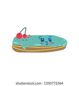 Happy Cute Delicious Eclair Cartoon Character, Adorable Kawaii Dessert Vector Illustration
