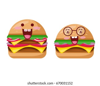 Happy Cute Delicious Food Meal Character Illustration - Beef Burger And Cheese Burger