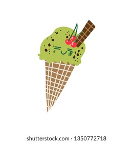 Happy Cute Delicious Pistachio Ice Cream Cone Cartoon Character, Adorable Kawaii Sweet Dessert Vector Illustration