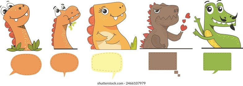 happy cute dinosaur cartoon with speech bubble vector set,vibrant colorful cartoon set. border design,corner design,timeline design,horizontal design.