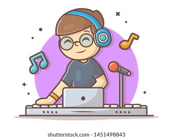 Happy Cute Disk Jockey Performance with Headphone Vector Illustration. Electronic Dance Music. Flat Cartoon Style Suitable for Web Landing Page,  Banner, Flyer, Sticker, Wallpaper, Card, Background