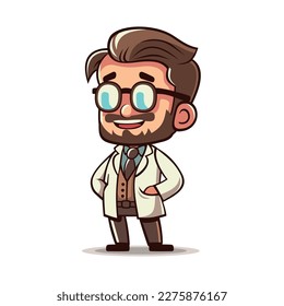 Happy Cute Doctor Scientist in Glasses. Cartoon Style on White Background.