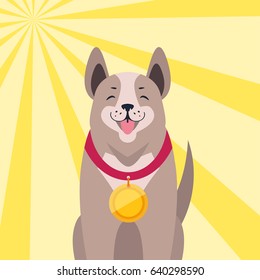 Happy cute dog champion with gold medal award on neck on colorful background with rays. Lovely purebred pet competition winner flat vector illustration for animal friends