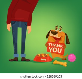 Happy cute dog character hold plate with thank you words to owner. Vector flat cartoon illustration