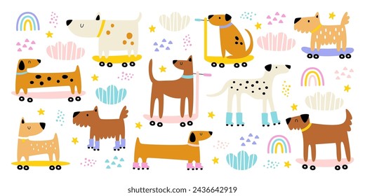 Happy cute dog characters riding roller skates and skateboards isolated set on white. Cheerful domestic pet animals rollerblading and skateboarding enjoying summer activity vector illustration