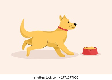 Happy cute dog runs to his bowl of food. Hungry puppy feeding at home or shelter. Animal care, healthy playful pet, veterinary concept. Vector character illustration isolated on white background