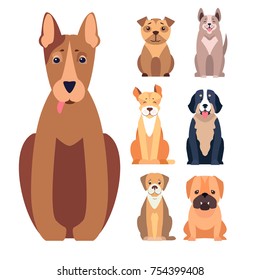 Happy cute doggies sitting with smiling muzzle and hanging out tongue flat vector isolated on white. Lovely purebred cartoon pets illustration for vet clinic, breed club or shop ad
