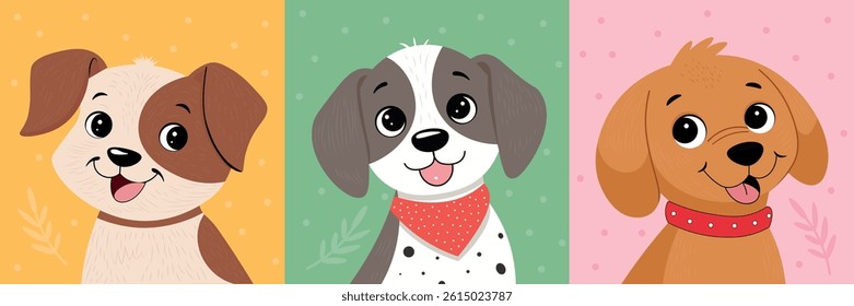 Happy Cute Dogs Cartoon Set Illustrations on Colorful Backgrounds