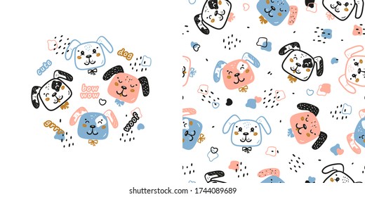 Happy Cute Dogs Vector Seamless Pattern and T-shirt Print Design for Kids. Doodle Cartoon Funny Puppies Faces Background for Kids. Scandinavian Poster and Childish Wallpaper for Birthday, Baby Fashion