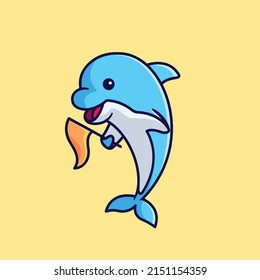 a happy cute dolphin bringing a flag cartoon illustration