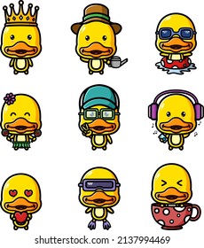 The happy cute duck of the mascot bundle set of illustration