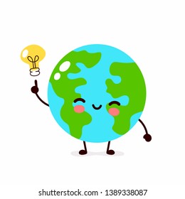 Happy cute Earth planet with lightbulb character.Vector hand drawing flat style illustration icon design. Isolated on white background. Eco friendly,save ecology,Earth have idea concept