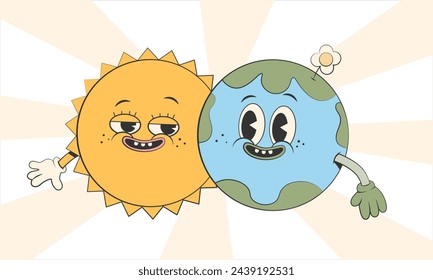 Happy cute Earth and Sun planets characters.Simple retro cartoon mascot for poster, banner, graphic print.Y2k groovy earth day, Save green planet and ecology concept. Vector illustration EPS 10