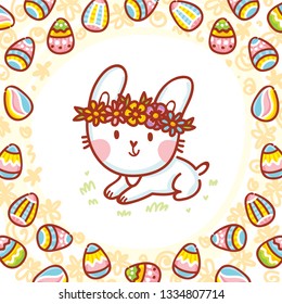 Happy cute Easter holiday Illustration with Easter Bunny, coloured eggs and lettering, calligraphy text. Hand drawn art in vector cartoon style for greeting card, poster, decoration