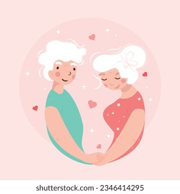 Happy, cute elderly couple, middle aged man and woman, looking at each other holding hands. Around the heart. Pastel shades, flat illustration. Vector illustration EPS10
