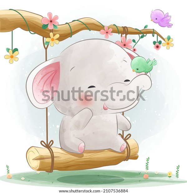 Happy\
cute elephant on swing baby shower\
illustration
