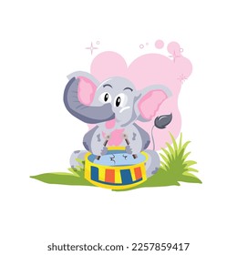 Happy and cute elephant playing drum cartoon illustration