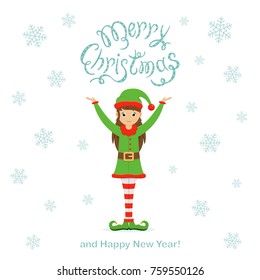 Happy cute elf in a green holiday costume isolated on white background. Little girl with falling snowflakes and text Merry Christmas and Happy New Year, illustration.
